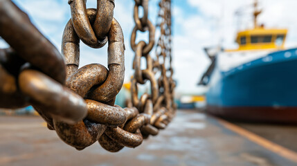 Close-up of a heavy rusty chain hanging with a blurred ship in the background, emphasizing maritime industry and strength
