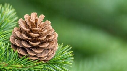 Close-Up View of Pine Cone on Green Pine Needle Branch