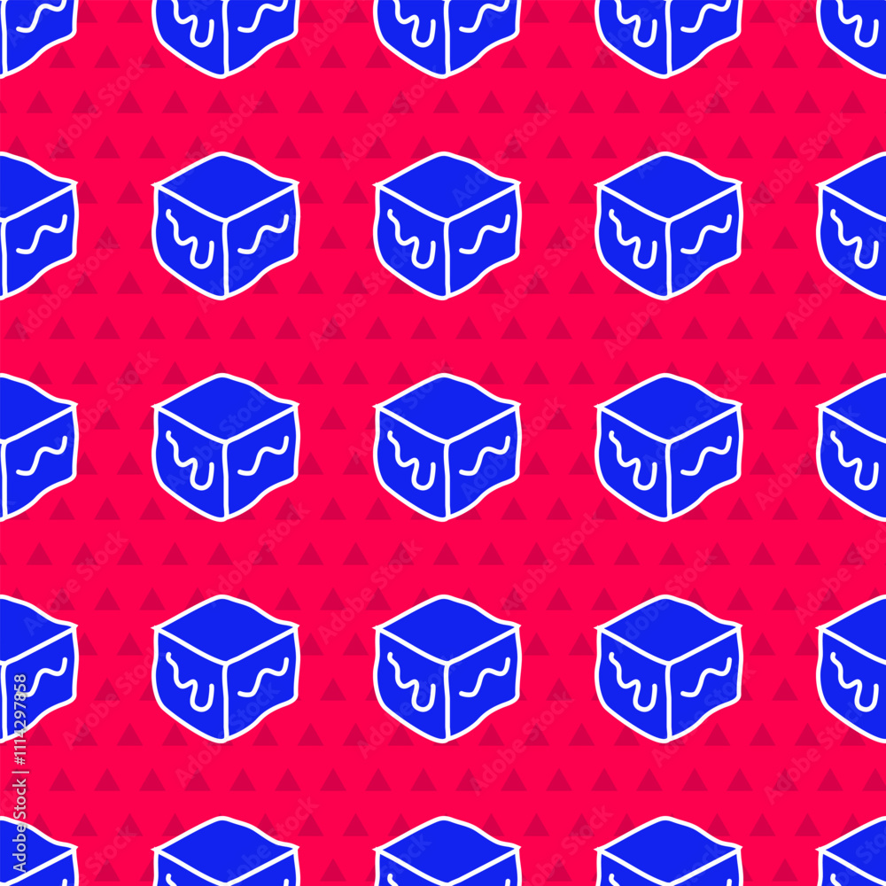 Poster blue isometric cube icon isolated seamless pattern on red background. geometric cubes solid icon. 3d