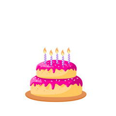 Birthday cake for girls with pink mastic and candles on a white background.