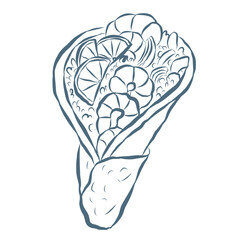 Line Art Illustration of Flatbread with Shrimps. Vector Graphic.