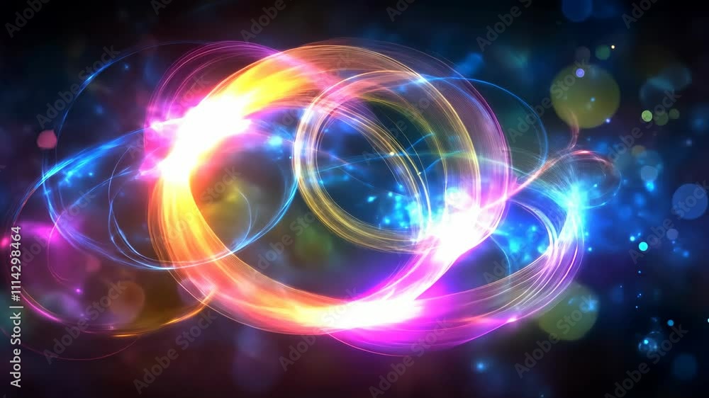 Poster colorful swirls of light create a vibrant abstract design in a dark background
