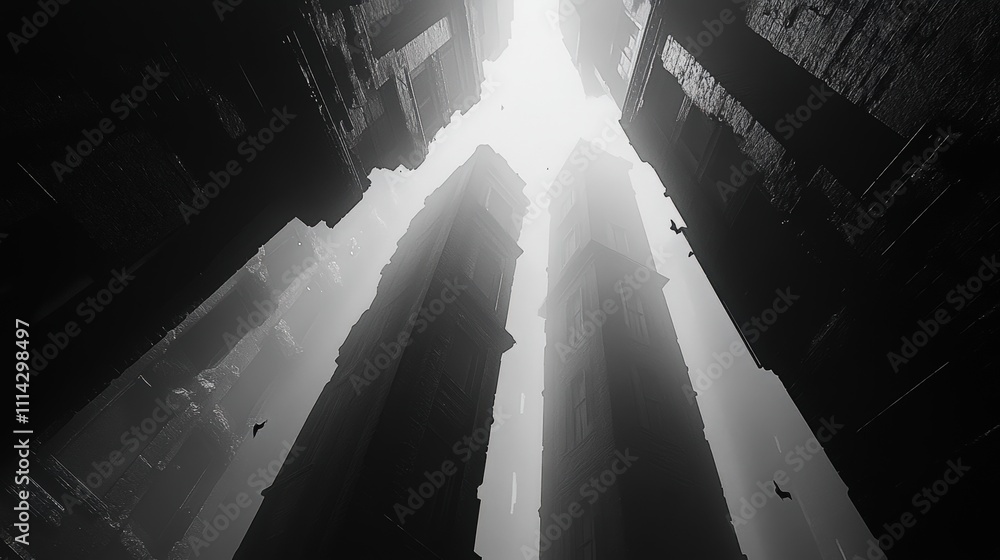 Poster surreal view of ancient monoliths reaching towards a shrouded sky surrounded by ethereal mist and sh