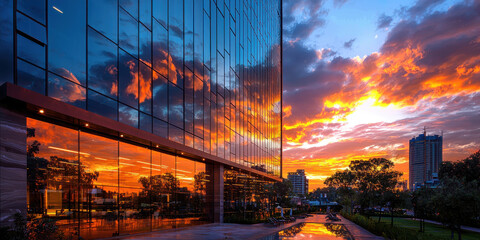 modern skyscraper reflecting vibrant sunset colors, showcasing stunning architecture and serene environment
