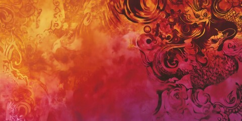 Dragon and cloud motif on a vibrant oriental background with warm hues and intricate patterns