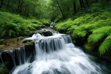 Naklejka premium Serene Waterfall Flows Through Lush Green Forest