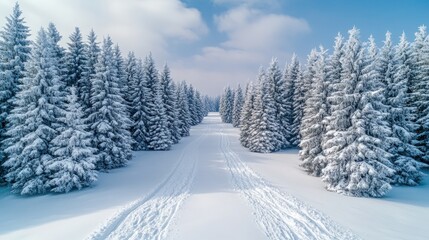 Fototapeta premium Serene Winter Landscape with Snow-Covered Trees and Tracks in a Beautiful Snowy Forest Under a Clear Blue Sky