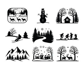 Fototapeta premium Deer and Trees Winter Forest Landscape Silhouettes