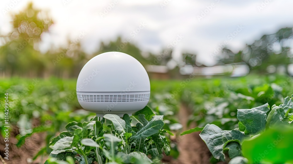Poster white smart agriculture sensor device in a green field.