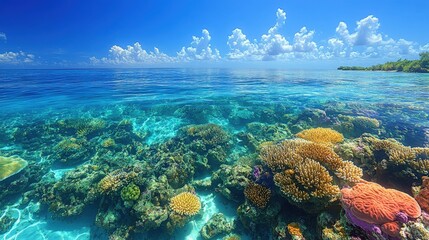 Obraz premium Vibrant Underwater Scene Showcasing Colorful Coral Reefs with Clear Blue Water and Scenic Tropical Sky in a Serene Marine Environment