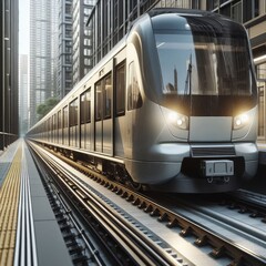 Naklejka premium close-up, city train with tinted windows, moving along a modern city street, photorealistic style