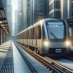 Naklejka premium close-up, city train with tinted windows, moving along a modern city street, photorealistic style