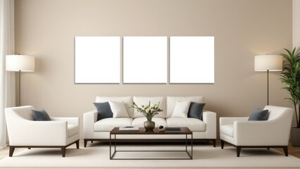 Split panel wall art mockup displayed above a cozy white sofa in a stylish neutral interior.