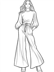 Coloring page, a beautiful fashion model wearing wide-leg trousers and a blouse with long sleeves, a simple line drawing