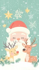 Cheerful Santa Claus with Two Cute Reindeer Surrounded by Snowflakes and Stars for a Festive Holiday Theme in Bright Colors