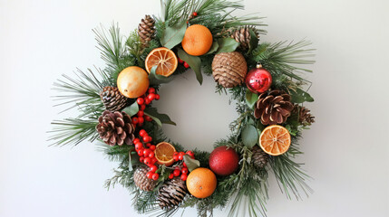 DIY Christmas wreath with homemade ornaments, pine cones, and dried citrus for a cozy, personal holiday feel