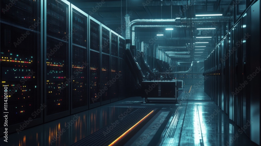 Poster Modern data center showcasing rows of servers and advanced technology in a dimly lit environment