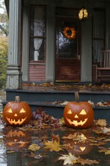 Obraz premium The porch of the wooden house is adorned with spooky orange Halloween pumpkins, candles, and vibrant dried autumn leaves for Thanksgiving and Harvest Day.