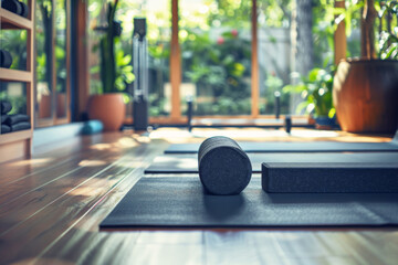 Serene home gym with yoga mats and blocks, focusing on mindfulness training, surrounded by lush greenery and natural light