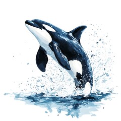 Obraz premium Watercolor Painting of an Orca Whale Leaping from the Ocean.