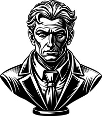 Classic gentleman bust avatar in engraving style. Black and white man drawing, in vintage style