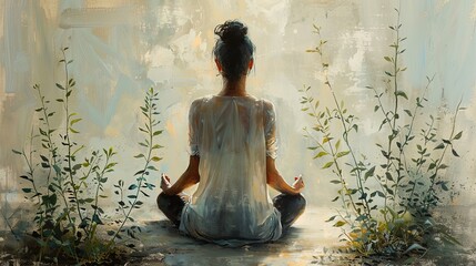 A peaceful pastel drawing of a woman in a meditative pose, surrounded by soft greenery. The colors are muted and calming, reflecting tranquility and inner peace