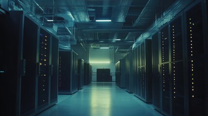 Fototapeta premium Data center corridor illuminated by blue light with rows of servers in a modern facility