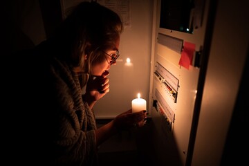 A girl is checking an electrical shield after an electrical blackout. Using a candle in the dark...
