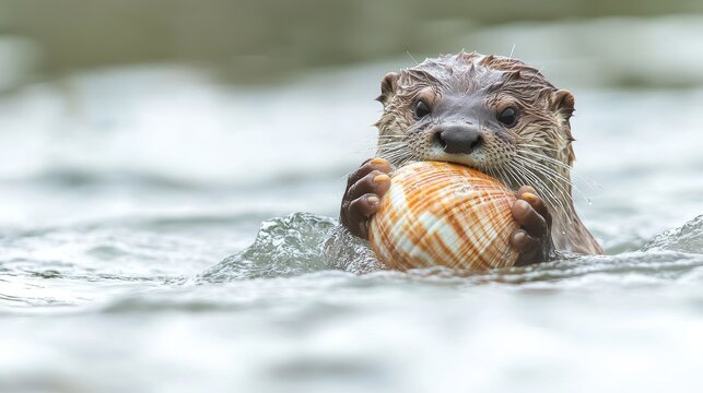 Otter Swimming with Shell in Natural Light