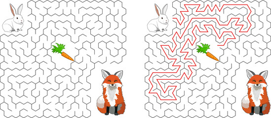 Help a rabbit pass through square maze with hexagonal cell to find carrot and avoid the fox. Feed the hungry rabbit labyrinth. Not hard riddle for kids and parents with solution