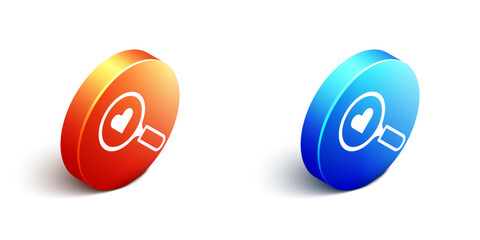 Obraz premium Isometric Search heart and love icon isolated on white background. Magnifying glass with heart inside. Happy Valentines day. Orange and blue circle button. Vector