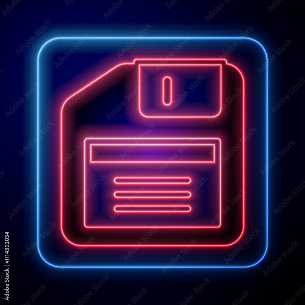 Poster glowing neon floppy disk for computer data storage icon isolated on black background. diskette sign.
