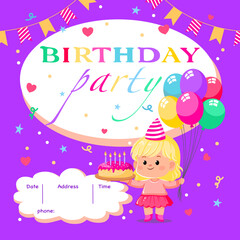 Birthday Invitation Card for Girl with Balloons and Cake 
