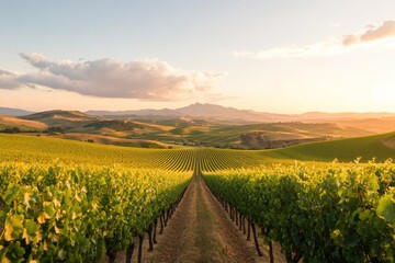 Fototapeta premium Vineyard Rows at Sunset Over Rolling Hills