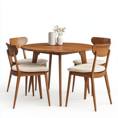 Isolated wooden and fabric dining table and chairs on a white backdrop.