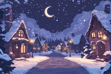 Naklejka premium A Cozy Snow Covered Village Underneath a Crescent Moon