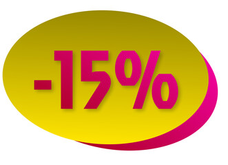 Promotion label, 15% off, yellow and pink.