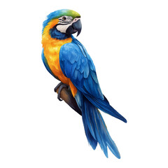 Fototapeta premium Watercolor Illustration of a Blue-and-Yellow Macaw Parrot Perched on a Branch with Vibrant Tropical Colors