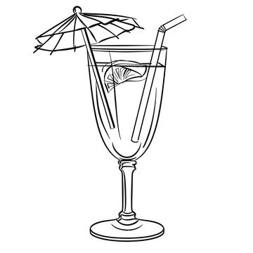 recommend clip art: A simple black and white line drawing of a refreshing cocktail with a straw, a lemon wedge, and a tiny umbrella. Coloring book