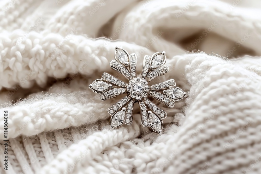 Poster a crystallized white snowflake is set against a knitted backdrop with defocused elements, complement