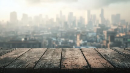 Wooden tabletop with a city skyline backdrop