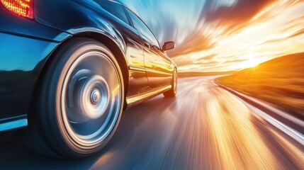 A modern car dynamically positioned on a winding road with motion blur, showcasing speed and power."