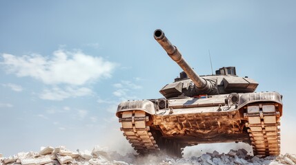 Fototapeta premium Powerful Military Tank Maneuvers Through Rubble Desert Environment Action Shot Military Concept for Battle Readiness