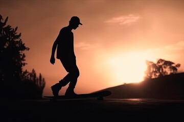 A boot of a skateboarder's shoes is standing on a skateboard ride in the sunset on the road .
