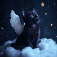 Adorable black kitten with angel wings gazing at stars