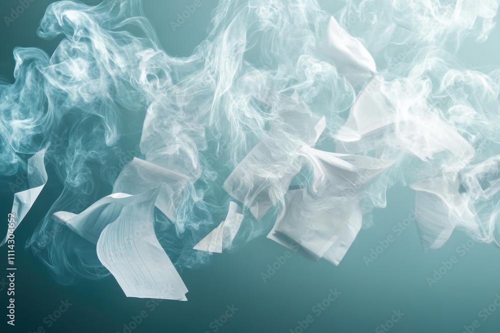 Poster floating papers surrounded by ethereal smoke in an artistic background creating a dreamy and abstrac