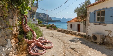Fototapeta premium Coastal Greek Village Street Scene with Octopus Sculpture near the Mediterranean Sea under Sunny Sky
