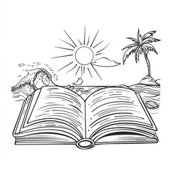 An open book is lying on a beach, showing a scene of a wave, sun, and palm tree. Coloring book
