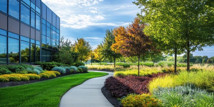 Landscaped Corporate Office Park with Walkway, Lush Greenery and Colorful Autumn Trees