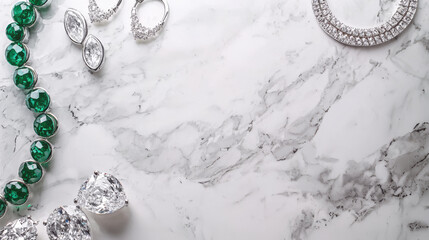 Elegant jewelry display on marble background featuring green gemstones, silver earrings, and sparkling diamonds. luxurious arrangement that captures essence of sophistication and style